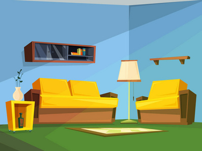 矢量卡通插畫室內橙色藍色臥室,客廳里有一張床,柔軟的椅子上